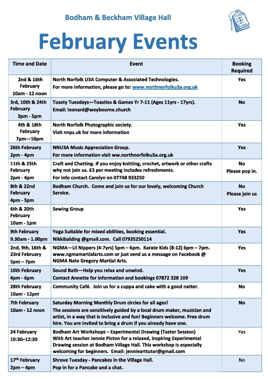 February Village Hall Events